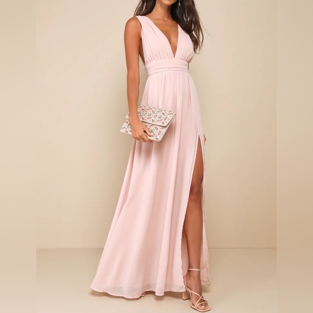 Lulus light Pink Chiffon V-Neck Maxi long Dress Spring Flowy Goddess Formal Prom